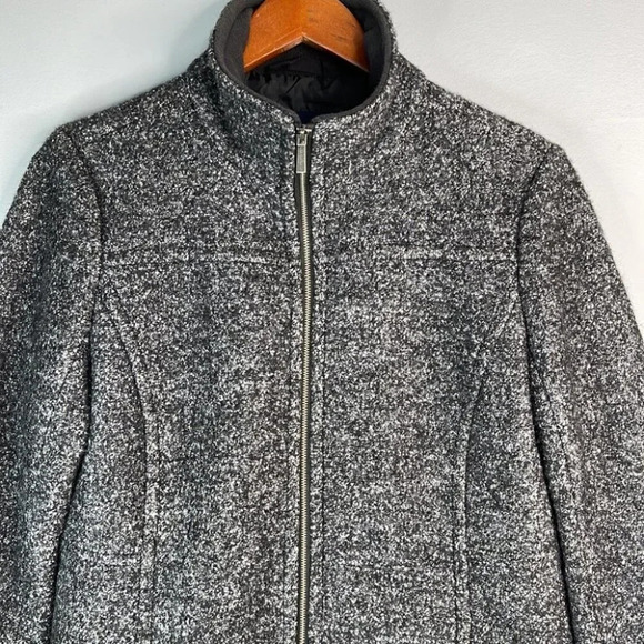 LANDS END Wool Zip Jacket Marled Black Grey High Neck Pockets Size 10P - Picture 3 of 11